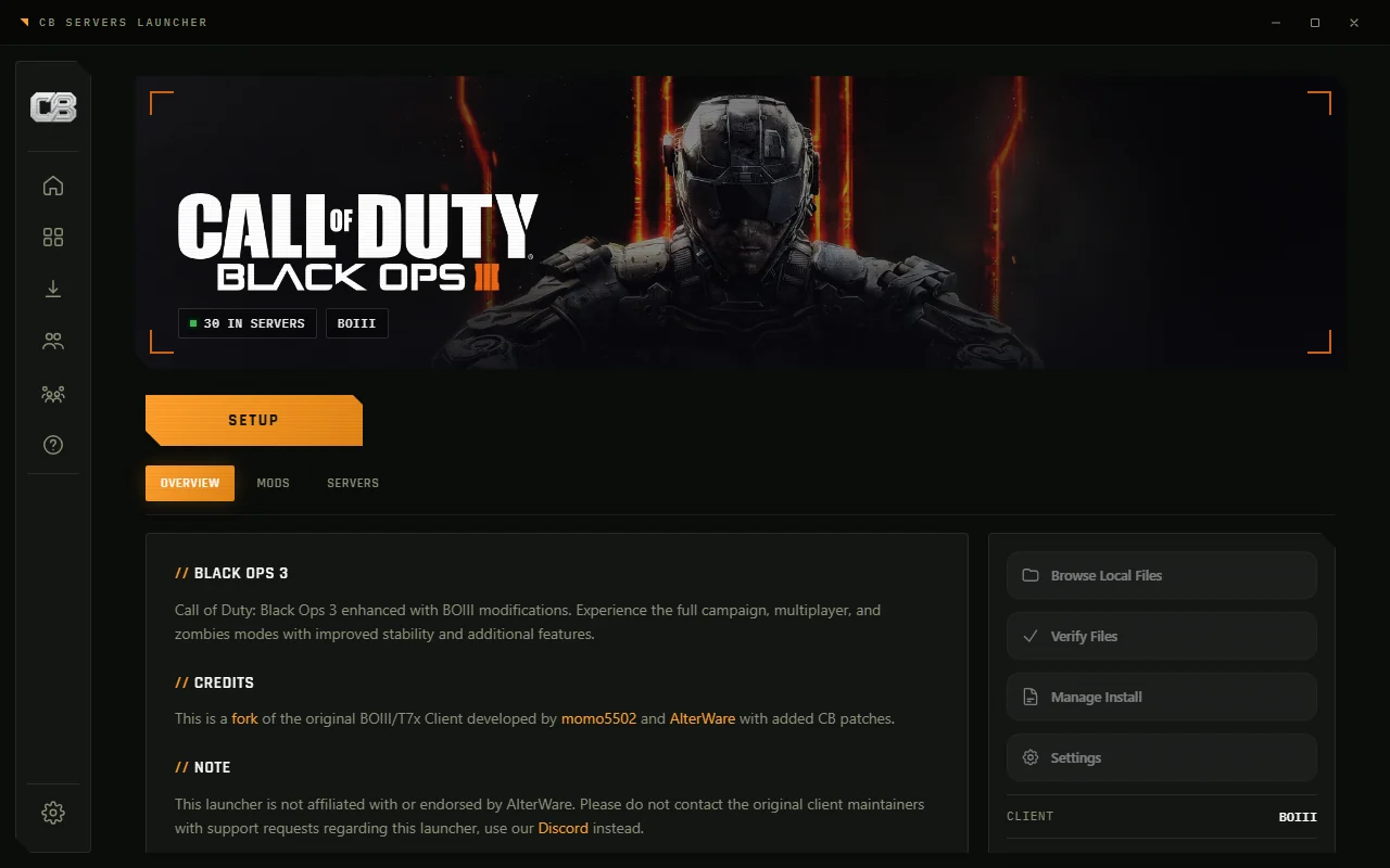 A game page in the launcher with play, verify and mods controls