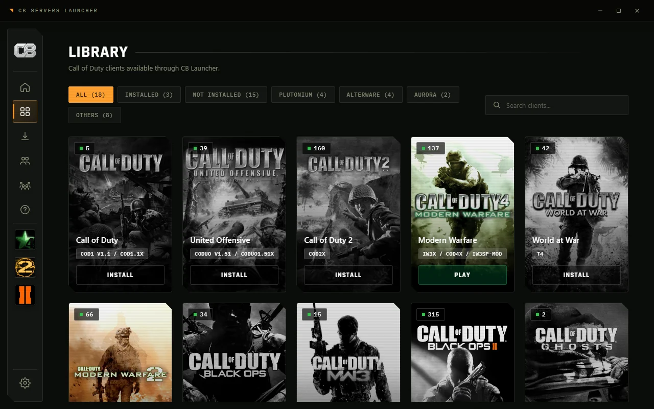 The CB Servers launcher library, showing every supported Call of Duty title